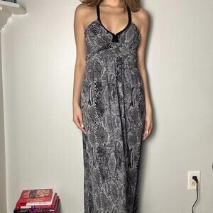 00s express black and grey snake print maxi dress with braided halter neck